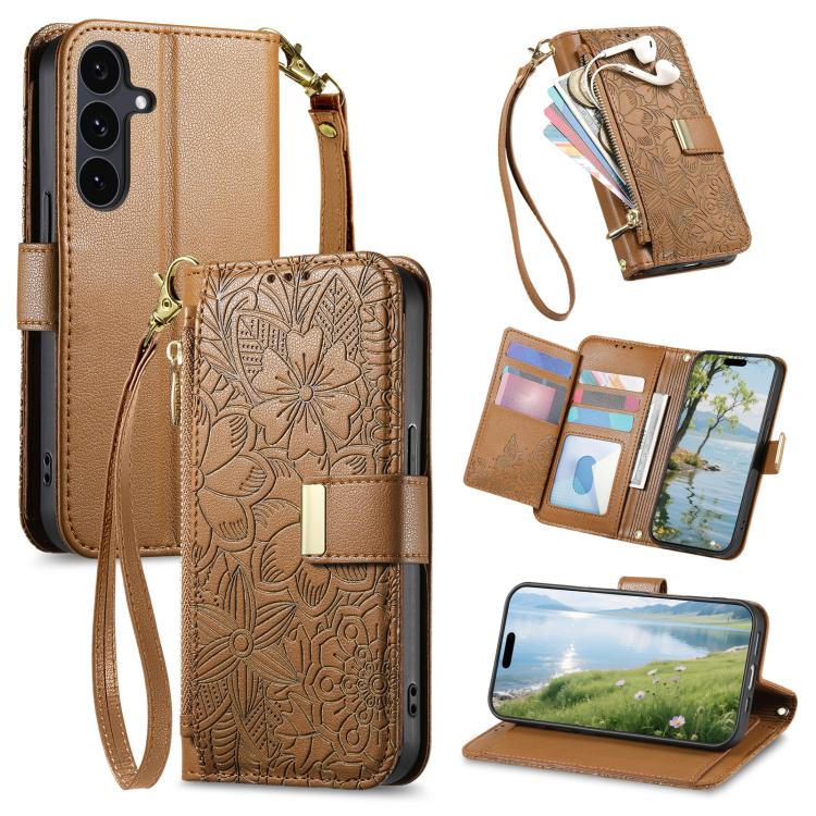 For Galaxy S26 5G Flowers Leaves Zipper Wallet Leather Phone Case with Strap(Brown)