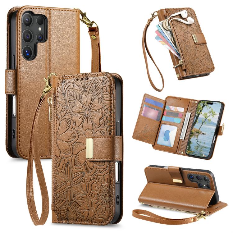 For Galaxy S26 Ultra 5G Flowers Leaves Zipper Wallet Leather Phone Case with Strap(Brown)
