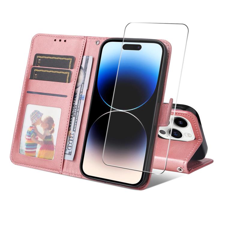

For iPhone 16 Pro ENKAY Card Wallet Calf Texture Leather Phone Case with Thickened Glue No White Edge Film(Pink)