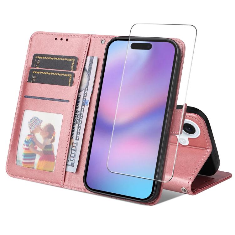 

For iPhone 16 Plus ENKAY Card Wallet Calf Texture Leather Phone Case with Thickened Glue No White Edge Film(Pink)