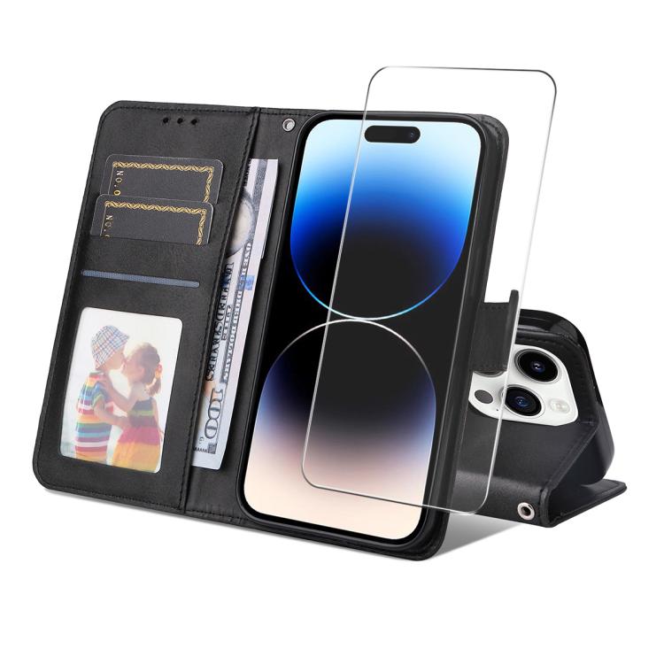 

For iPhone 15 Pro ENKAY Card Wallet Calf Texture Leather Phone Case with Thickened Glue No White Edge Film(Black)