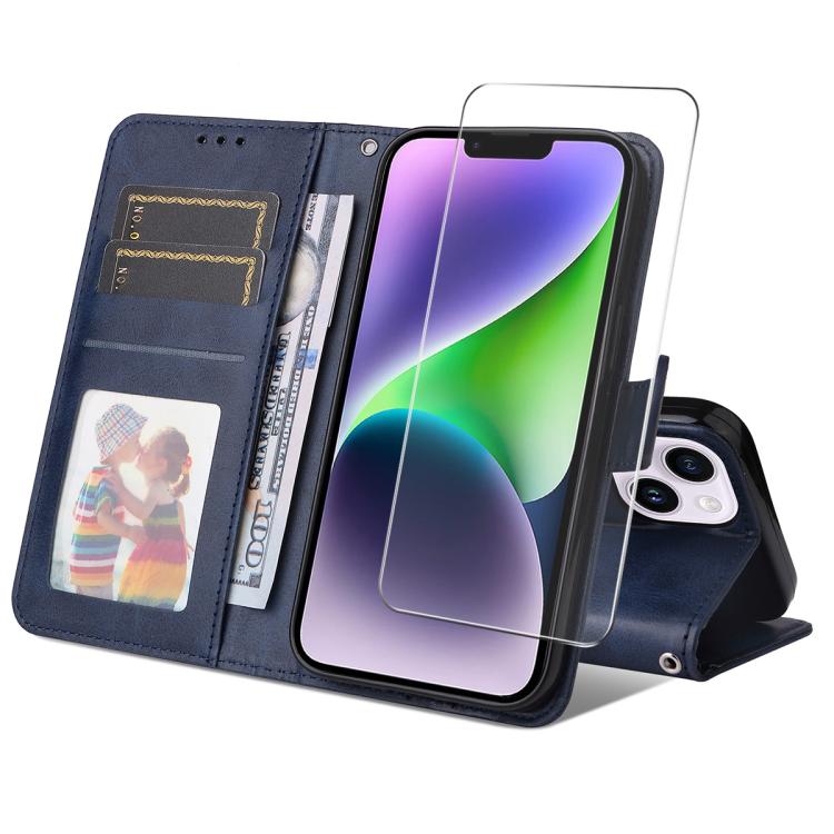 

For iPhone 15 Plus ENKAY Card Wallet Calf Texture Leather Phone Case with Thickened Glue No White Edge Film(Blue)
