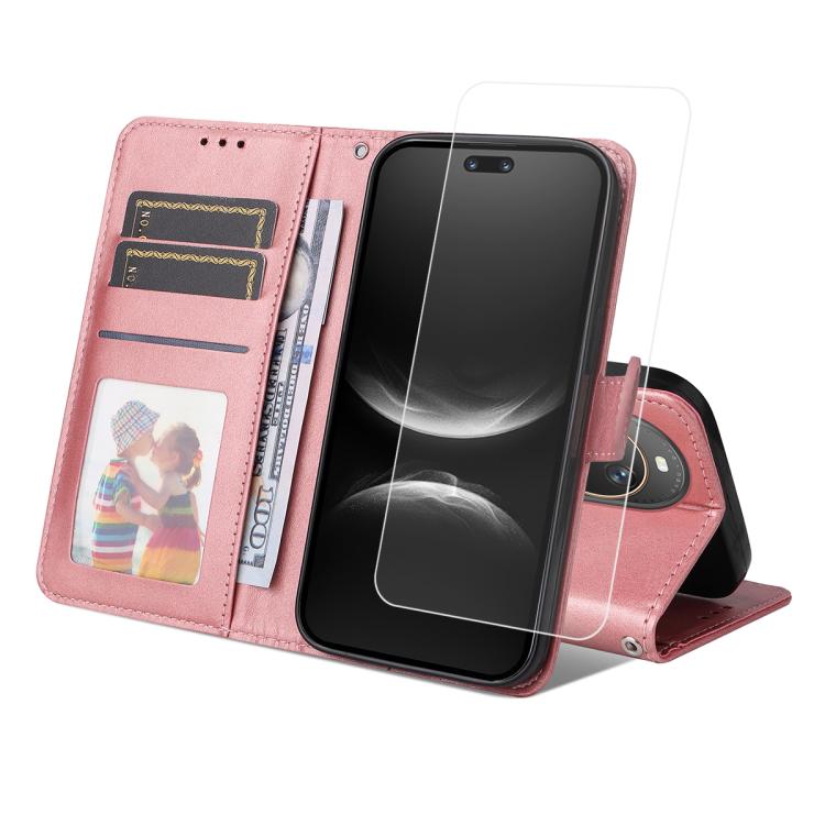 

For Huawei nova 14 Ultra ENKAY Card Wallet Calf Texture Leather Phone Case with Full Glue Coverage Soft Hydrogel Film(Pink)
