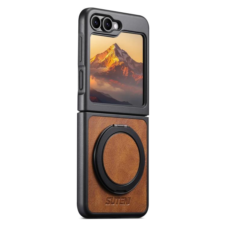 

For Samsung Galaxy Z Flip6 Suteni G3 Oil Wax 360 Rotation Holder MagSafe Back Phone Case(Brown)