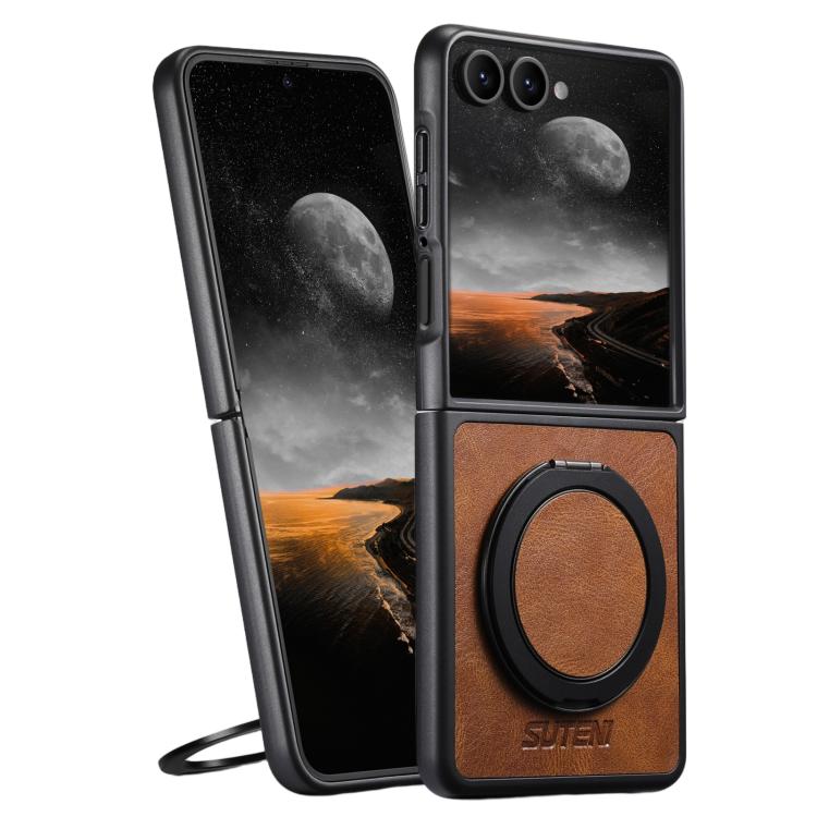 For Galaxy Z Flip8 5G Suteni G3 Oil Wax 360 Rotation Holder MagSafe Back Phone Case(Brown)