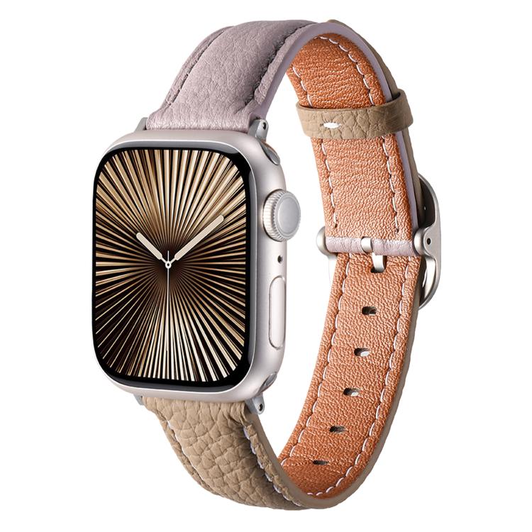

For Apple Watch 46mm / 49mm / 45mm / 44mm Square Buckle Litchi Texture Genuine Leather Watch Band(Misty Purple Khaki)
