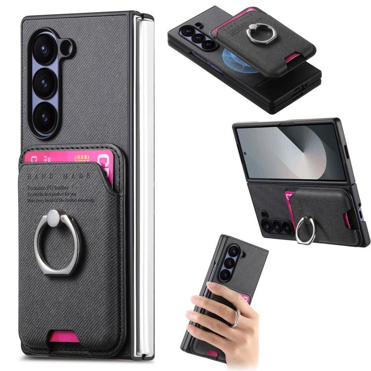 

For Samsung Galaxy Z Fold6 5G Twill Fabric Card Bag Ring Magnetic Back Phone Case(Black)