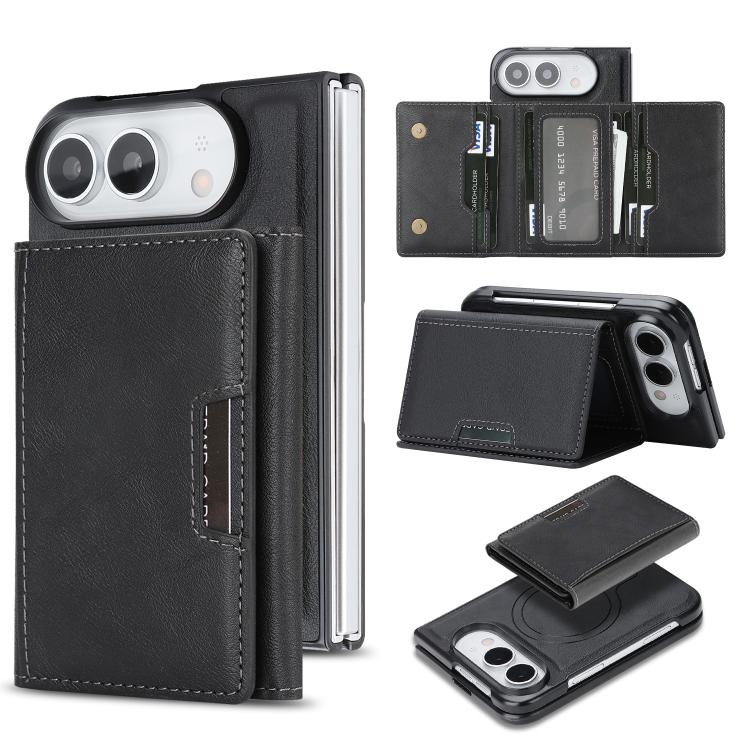 For iPhone Fold Kalebol Strong Magnetic MagSafe Tri-Fold Wallet Leather Phone Case(Black)