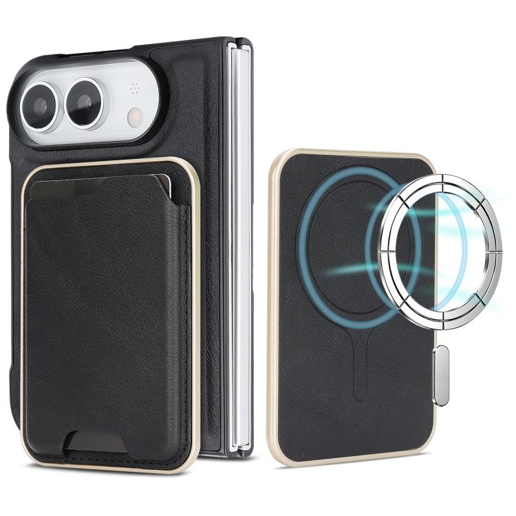 For iPhone Fold Kalebol Slim MagSafe Ring Magnetic Card Bag Leather Phone Case(Black)