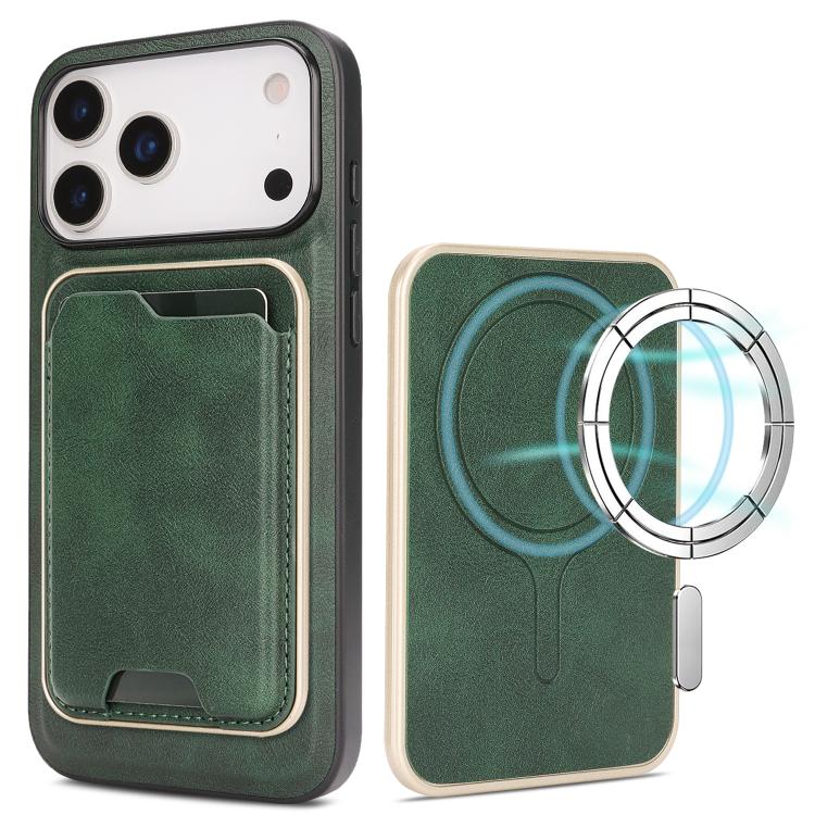 For iPhone 18 Pro Kalebol Slim MagSafe Ring Magnetic Card Bag Leather Phone Case(Green)