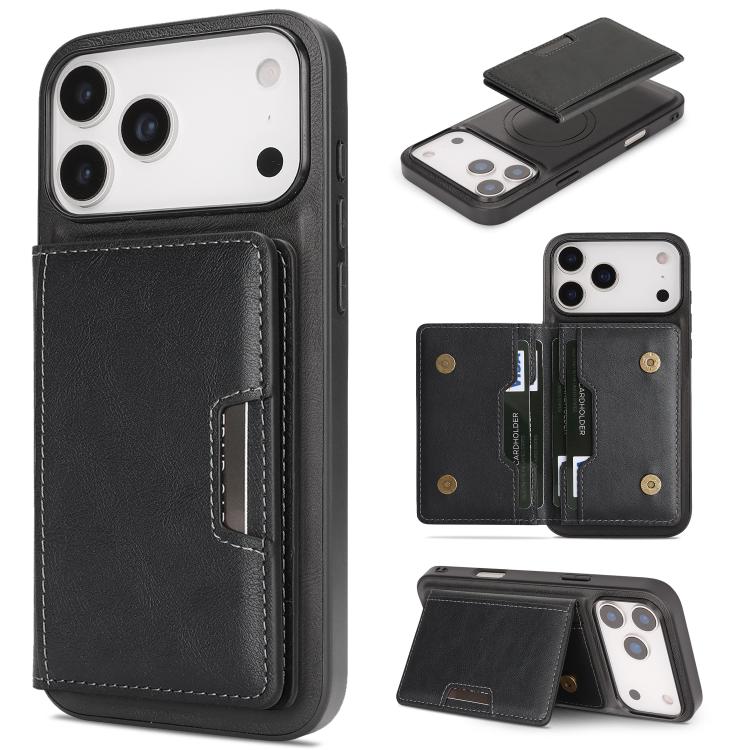 

For iPhone 17 Pro Max Kalebol Strong MagSafe Magnetic Two-Fold Card Bag Leather Phone Case(Black)