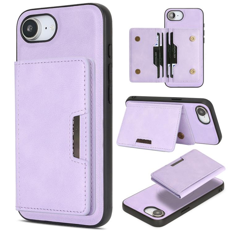 For iPhone 17e / 16e Kalebol Strong MagSafe Magnetic Two-Fold Card Bag Leather Phone Case(Purple)
