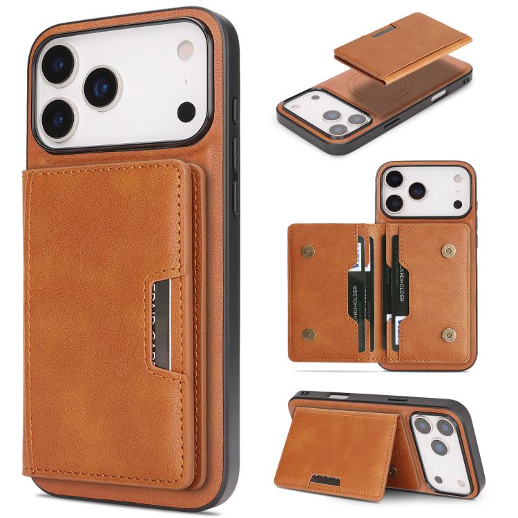 For iPhone 18 Pro Kalebol Strong MagSafe Magnetic Two-Fold Card Bag Leather Phone Case(Brown)