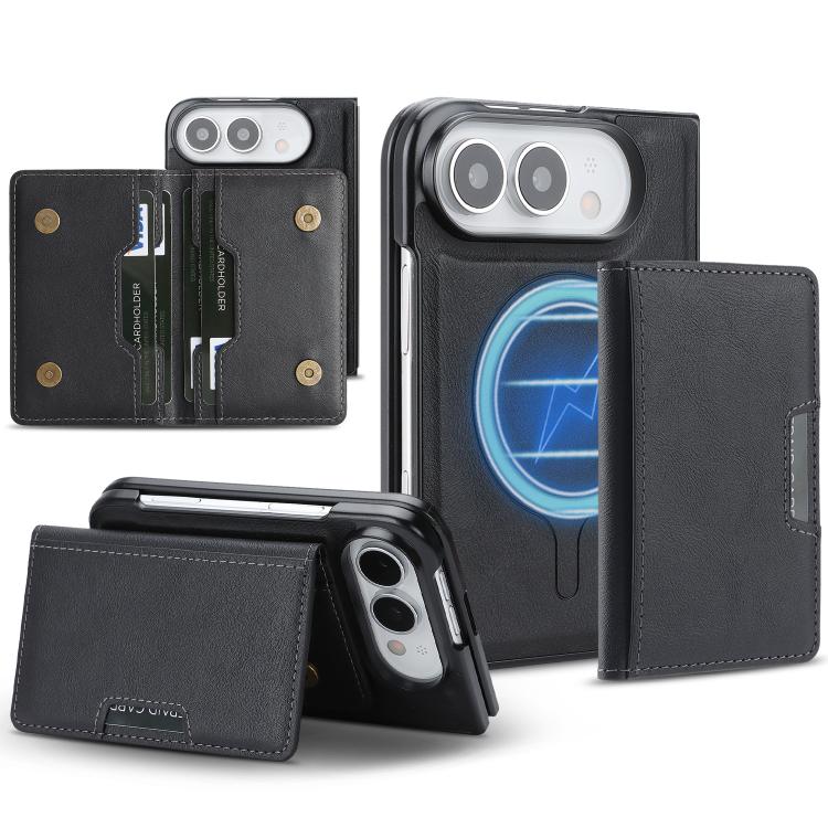 For iPhone Fold Kalebol Strong MagSafe Magnetic Two-Fold Card Bag Leather Phone Case(Black)