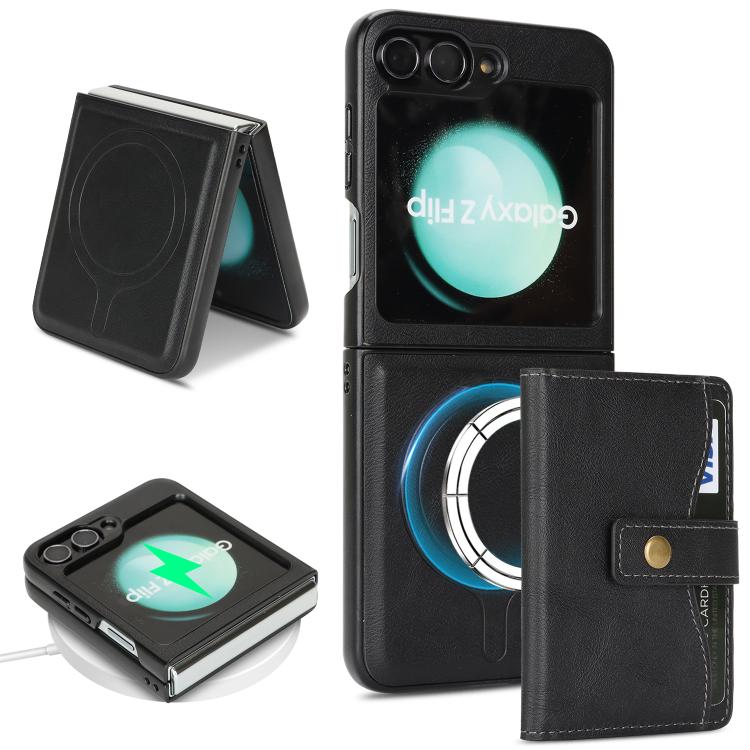 

For Samsung Galaxy Z Flip6 / Flip7 FE Kalebol Magnetic Button Card Bag MagSafe Ring Leather Phone Case(Black)