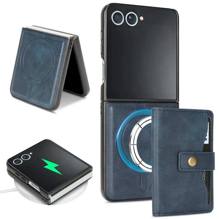 

For Samsung Galaxy Z Flip7 Kalebol Magnetic Button Card Bag MagSafe Ring Leather Phone Case(Blue)