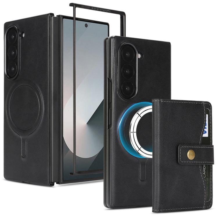 

For Samsung Galaxy Z Fold7 Kalebol Magnetic Button Card Bag MagSafe Ring Leather Phone Case(Black)