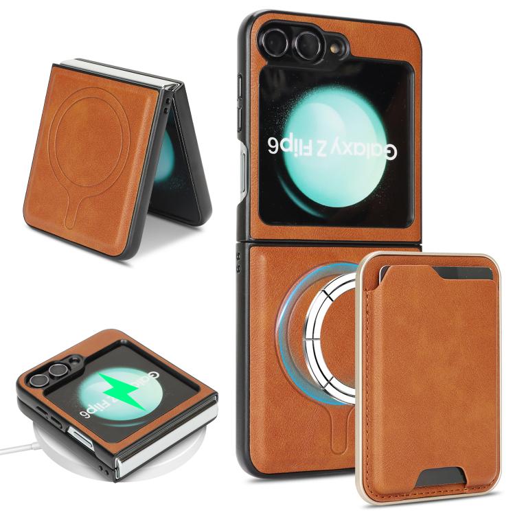 

For Samsung Galaxy Z Flip6 / Flip7 FE Kalebol Slim MagSafe Ring Magnetic Card Bag Leather Phone Case(Brown)