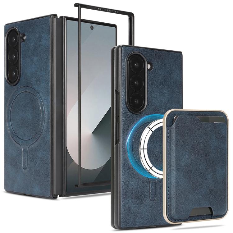 

For Samsung Galaxy Z Fold6 Kalebol Slim MagSafe Ring Magnetic Card Bag Leather Phone Case(Blue)