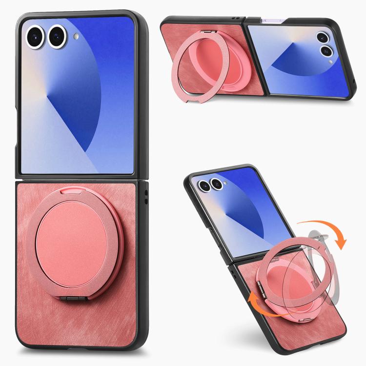 

For Samsung Galaxy Z Flip7 5G Retro Leather Rotation Round Holder Phone Case(Pink)