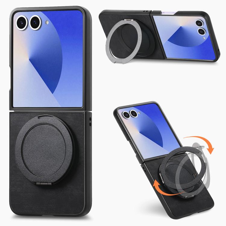 

For Galaxy Z Flip7 5G Retro Leather Rotation Round Holder Phone Case(Black)
