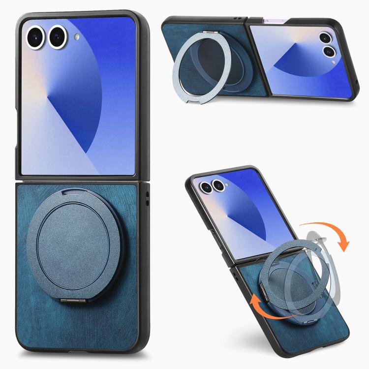 For Galaxy Z Flip7 5G Retro Leather Rotation Round Holder Phone Case(Blue)
