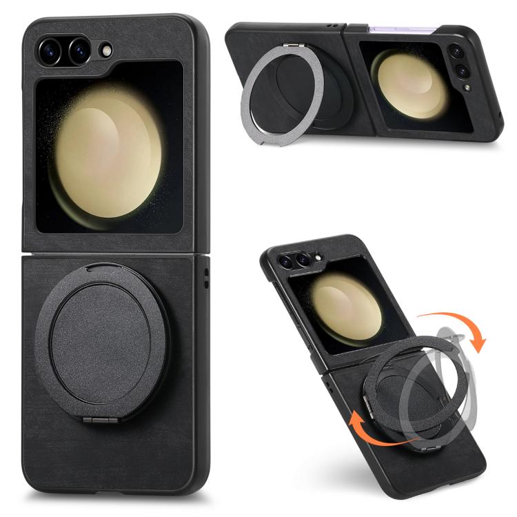 For Galaxy Z Flip6 5G Retro Leather Rotation Round Holder Phone Case(Black)