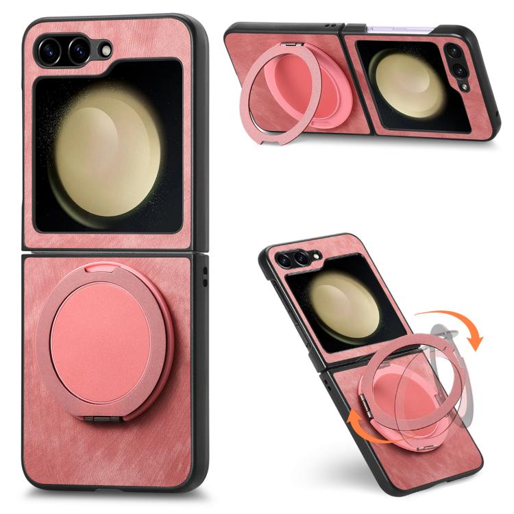 For Galaxy Z Flip5 5G Retro Leather Rotation Round Holder Phone Case(Pink)