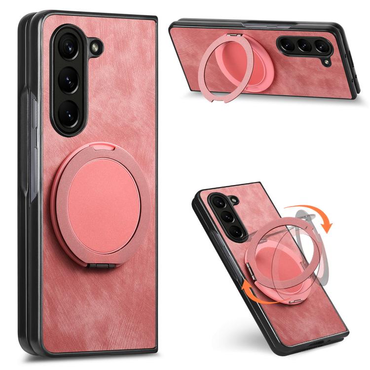 

For Samsung Galaxy Z Fold7 Retro Leather Rotation Round Holder Phone Case(Pink)