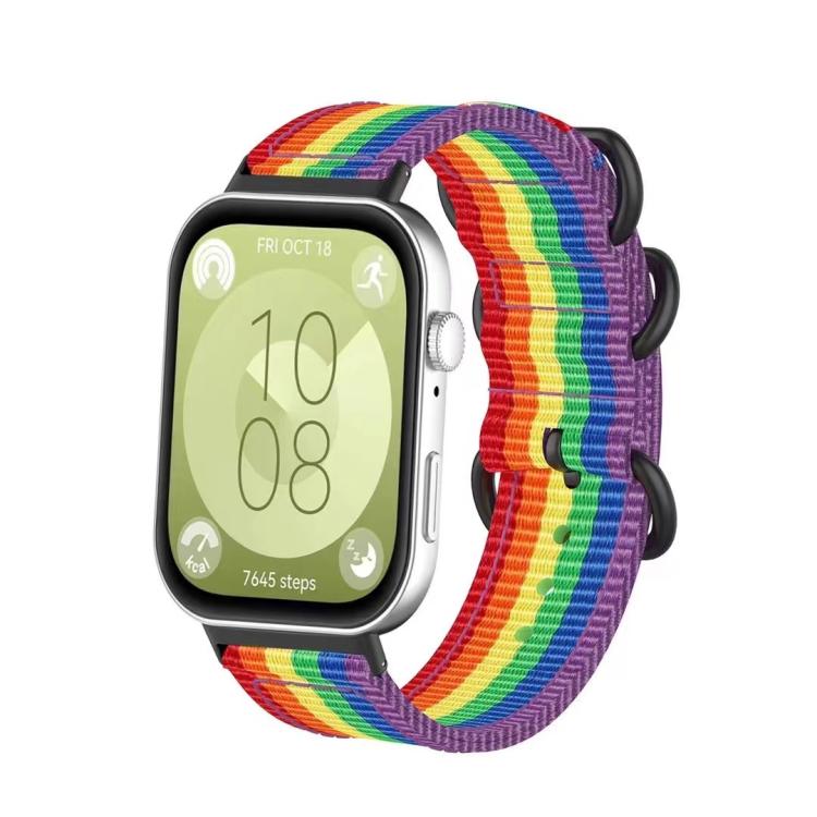 

For Huawei Watch Fit 4 Pro / Fit 4 / Fit 3 Canvas Ring Buckle Nylon Watch Band(Rainbow Color)