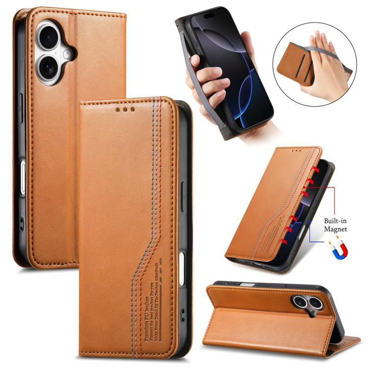 

For iPhone 16 Plus Elastic Wristband Magnetic Suction Leather Phone Case(Brown)