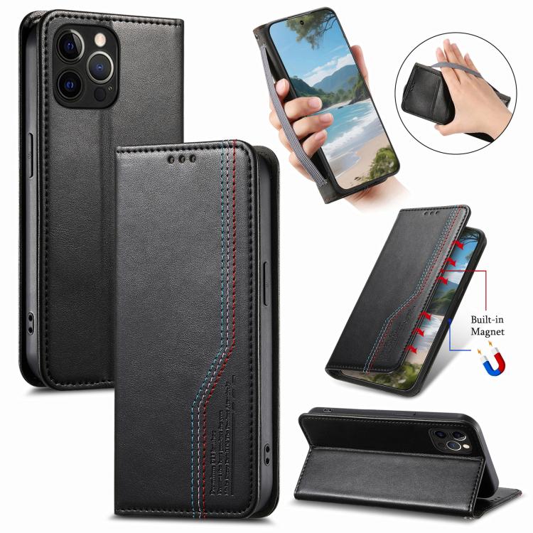 

For iPhone 13 Pro Max Elastic Wristband Magnetic Suction Leather Phone Case(Black)