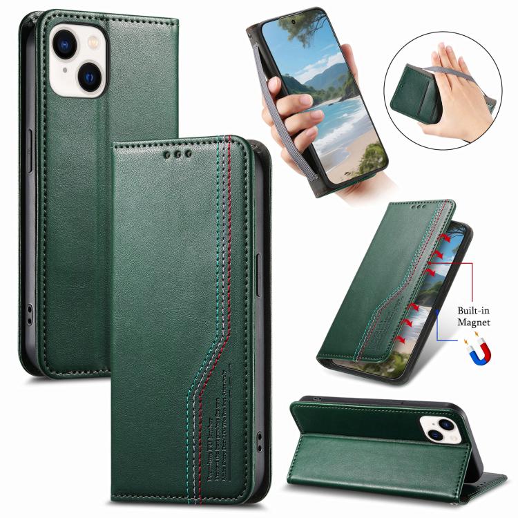 

For iPhone 14 Plus Elastic Wristband Magnetic Suction Leather Phone Case(Green)