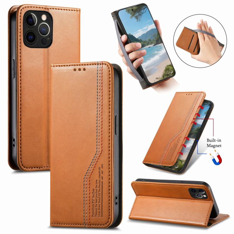 

For iPhone 14 Pro Elastic Wristband Magnetic Suction Leather Phone Case(Brown)