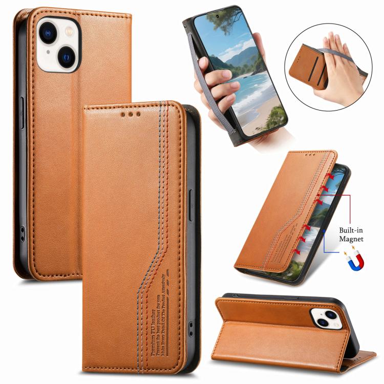 

For iPhone 15 Plus Elastic Wristband Magnetic Suction Leather Phone Case(Brown)