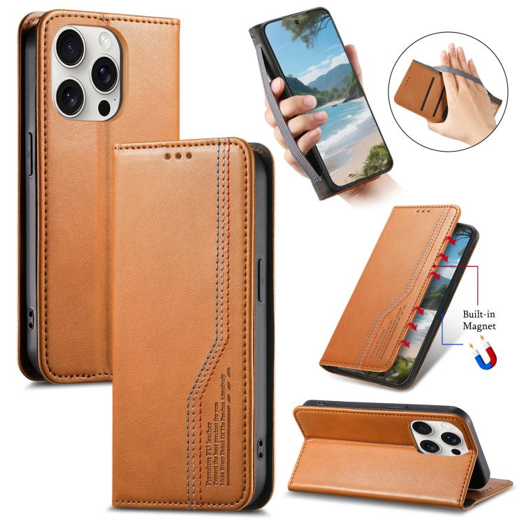 

For iPhone 16 Pro Max Elastic Wristband Magnetic Suction Leather Phone Case(Brown)
