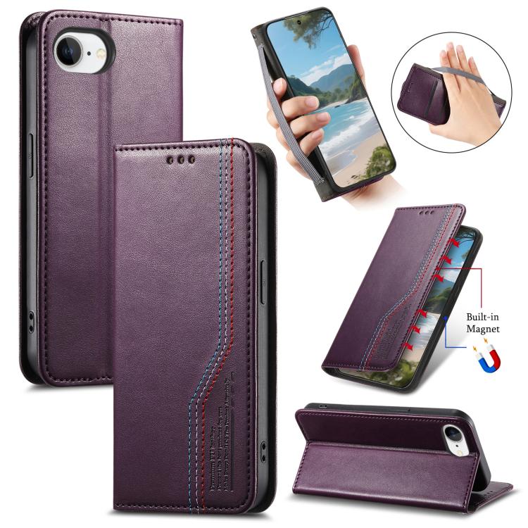 

For iPhone 16e Elastic Wristband Magnetic Suction Leather Phone Case(Purple)