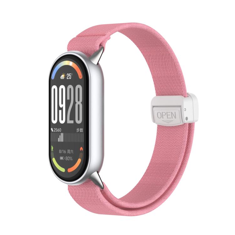 

For Xiaomi Smart Band 10 / 9 / 8 Metal Head Magnetic Plastic Buckle Elastic Nylon Watch Band(Bright Pink)