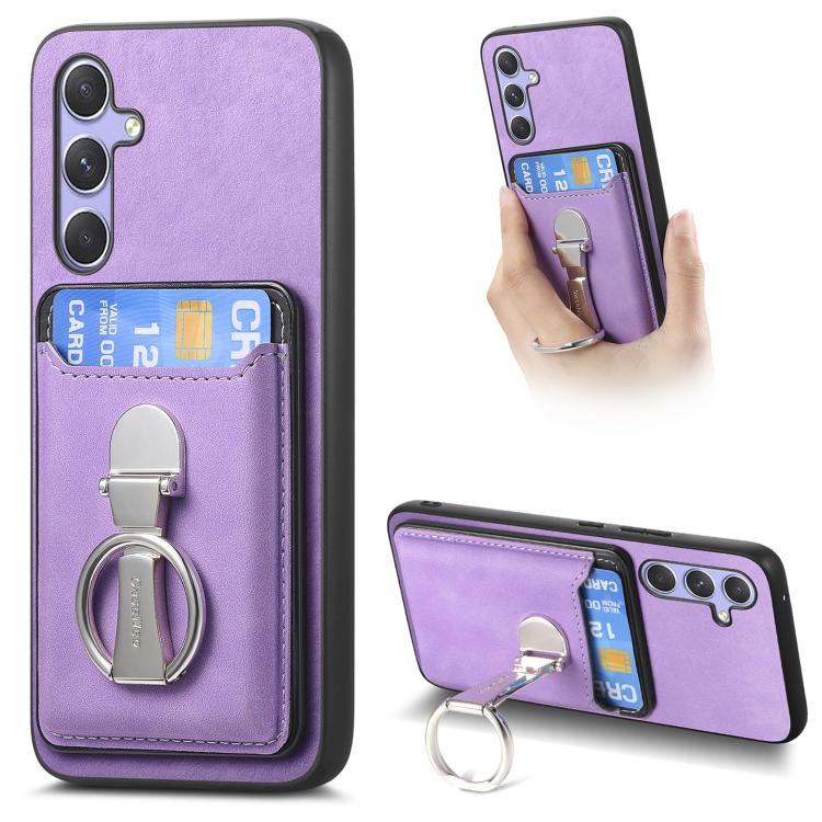 

For Samsung Galaxy A56 5G Retro Folding Ring Holder Card Bag MagSafe Phone Case(Purple)