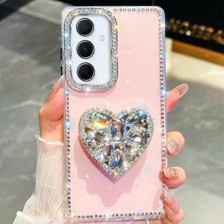 

For Samsung Galaxy A56 5G Diamond Glitter Gemstone Heart Holder Phone Case(Light Pink)