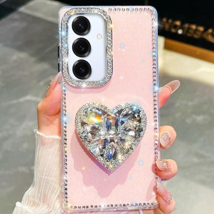 

For Samsung Galaxy S25 5G Diamond Glitter Gemstone Heart Holder Phone Case(Light Pink)