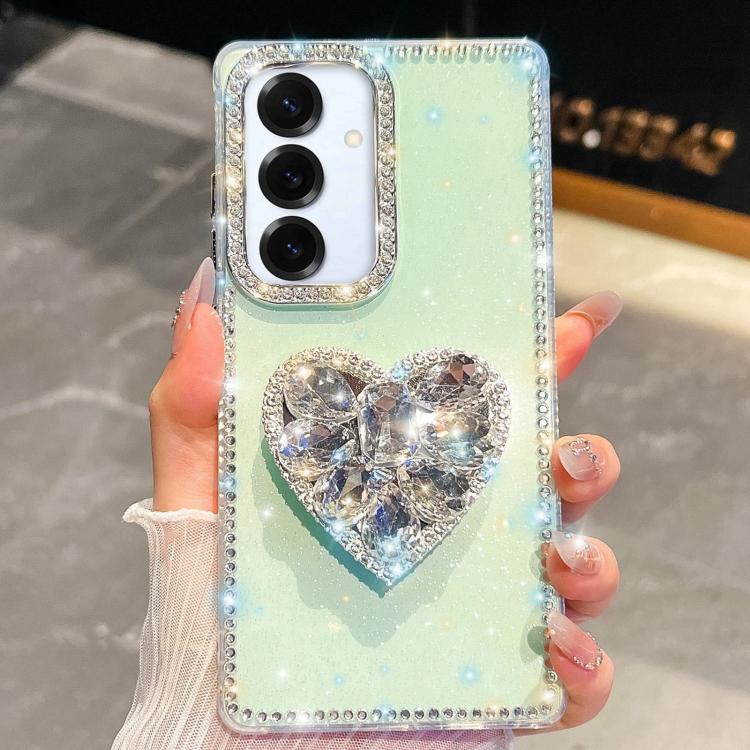 

For Samsung Galaxy S25 5G Diamond Glitter Gemstone Heart Holder Phone Case(Light Green)
