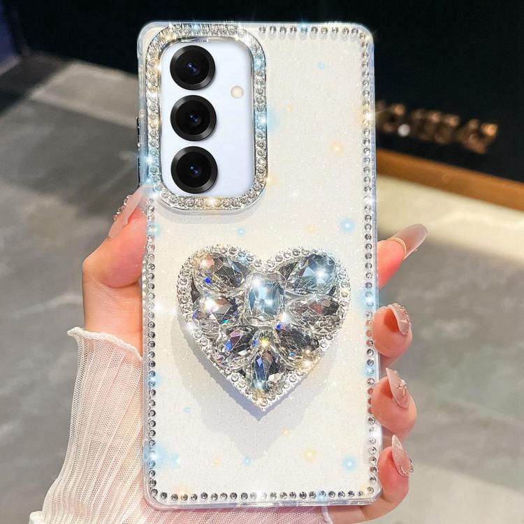 

For Samsung Galaxy S25 5G Diamond Glitter Gemstone Heart Holder Phone Case(White)