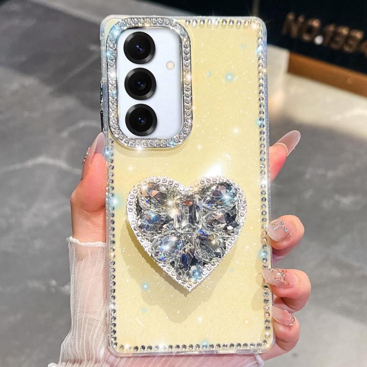 

For Samsung Galaxy S25+ 5G Diamond Glitter Gemstone Heart Holder Phone Case(Light Yellow)