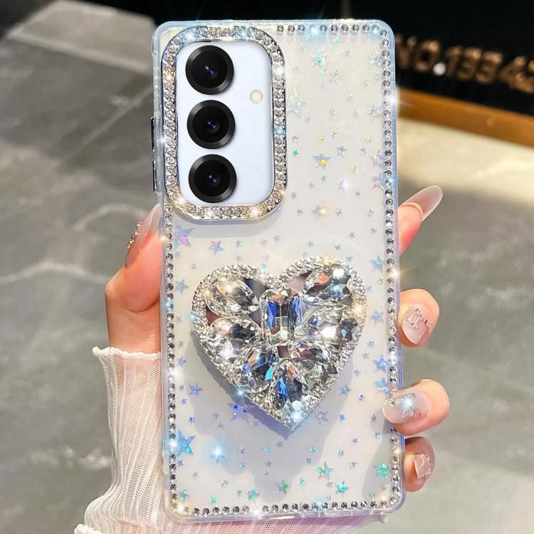 

For Samsung Galaxy S25+ 5G Diamond Glitter Gemstone Heart Holder Phone Case(Transparent Stars)