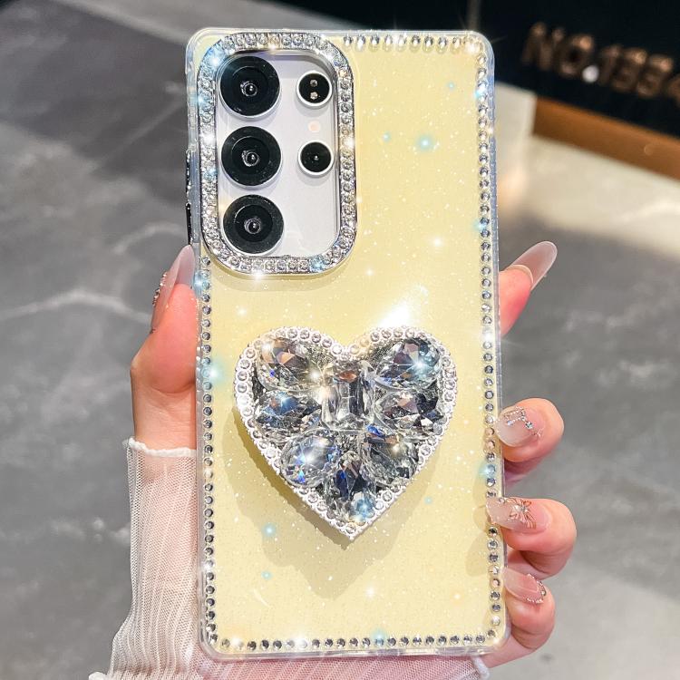 

For Samsung Galaxy S25 Ultra 5G Diamond Glitter Gemstone Heart Holder Phone Case(Light Yellow)