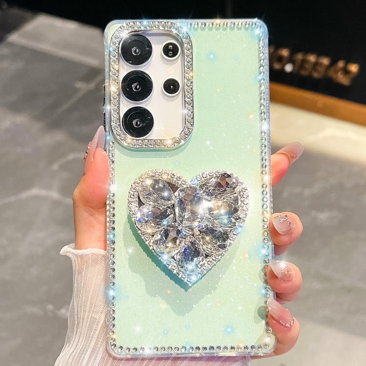 

For Samsung Galaxy S25 Ultra 5G Diamond Glitter Gemstone Heart Holder Phone Case(Light Green)