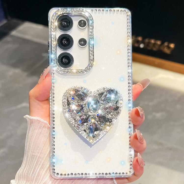 

For Samsung Galaxy S24 Ultra 5G Diamond Glitter Gemstone Heart Holder Phone Case(White)