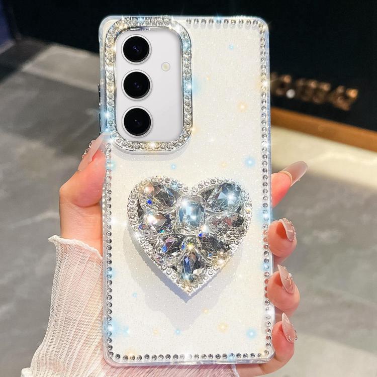 

For Samsung Galaxy S24+ 5G Diamond Glitter Gemstone Heart Holder Phone Case(White)