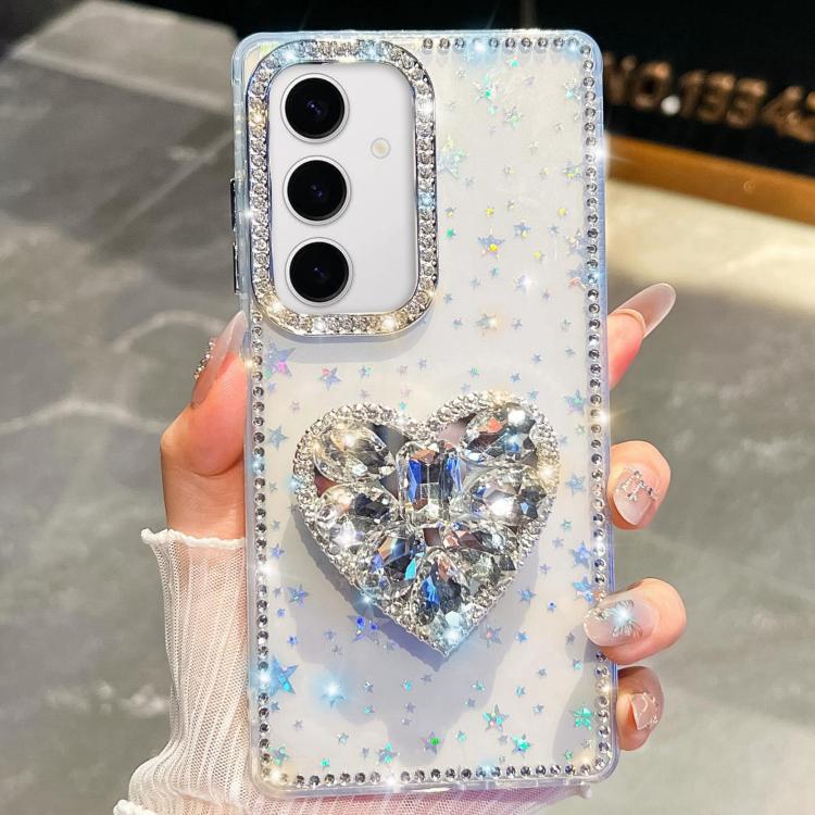 

For Samsung Galaxy S24+ 5G Diamond Glitter Gemstone Heart Holder Phone Case(Transparent Stars)